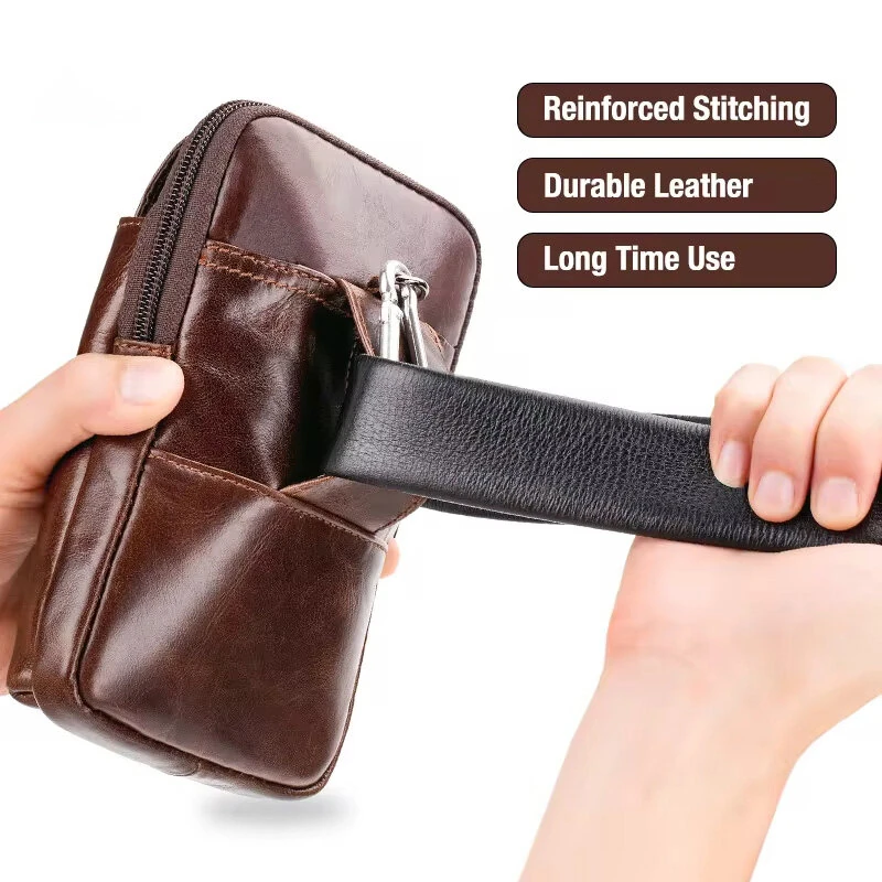 (image for) BULLCAPTAIN Genuine Leather Waist Pack Mens Small Fanny Belt Bag Travel Phone Pouch Male Work Leather Waist Bag